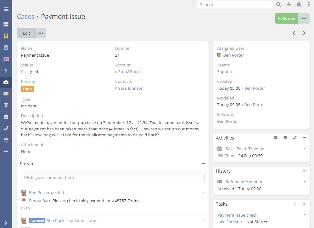 Image displaying Case Management functionality in a CRM application