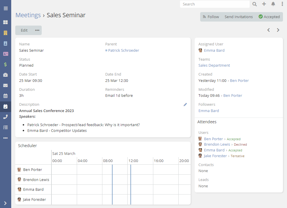 Screen capture of a CRM's Meeting entity displaying time, agenda, and attendees, underscoring collaborative features