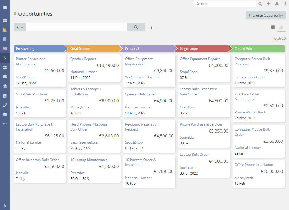 Image showcasing Opportunities in a Kanban Board, differentiated by various stages, within a CRM