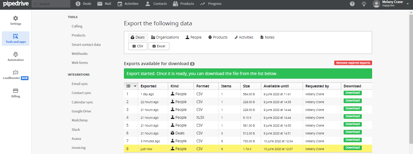 Pipedrive Export Screen 7