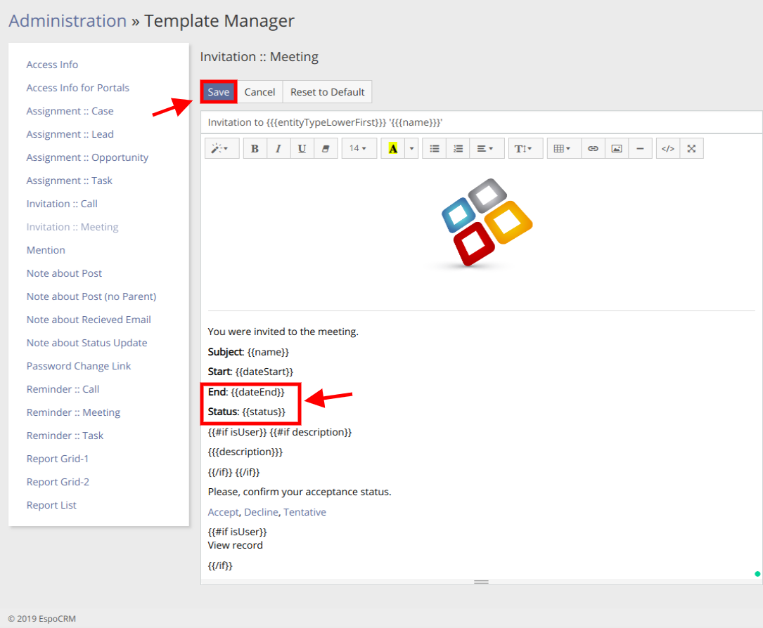 Customizing meeting invitation and reminder emails in EspoCRM With Email Template For Meeting Invitation