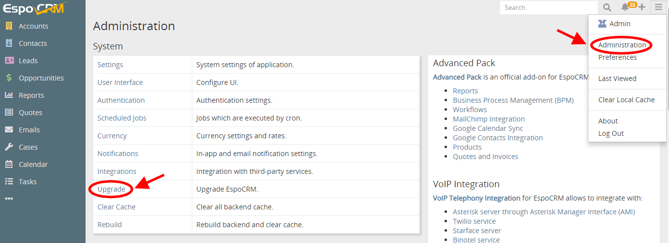 Upgrade Panel in EspoCRM