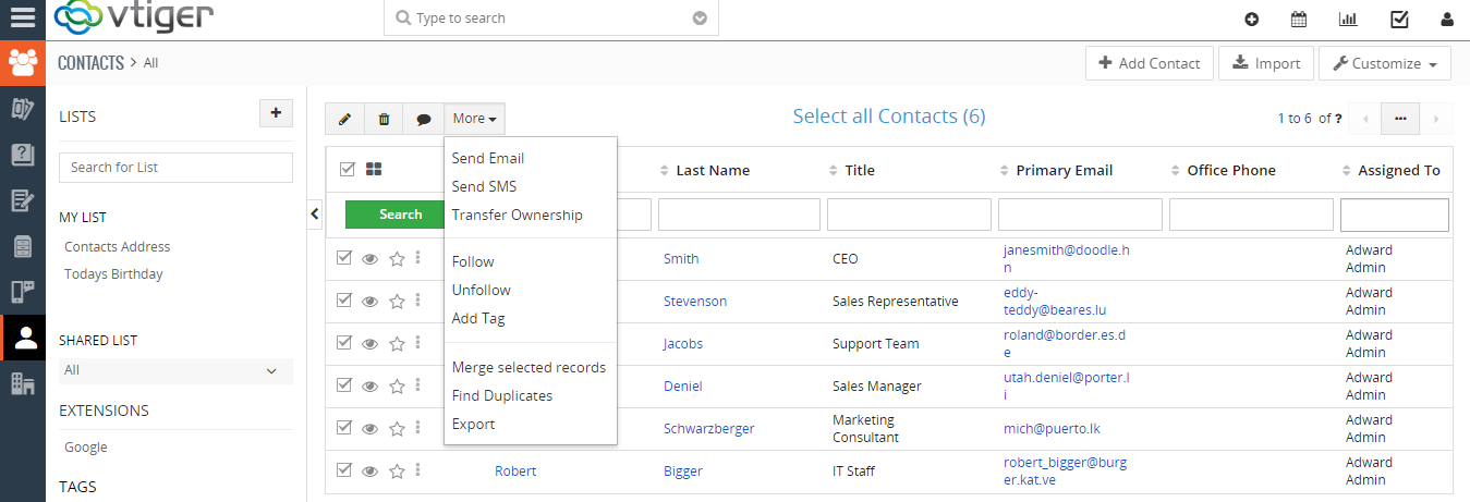 Vtiger CRM Export Screen 2